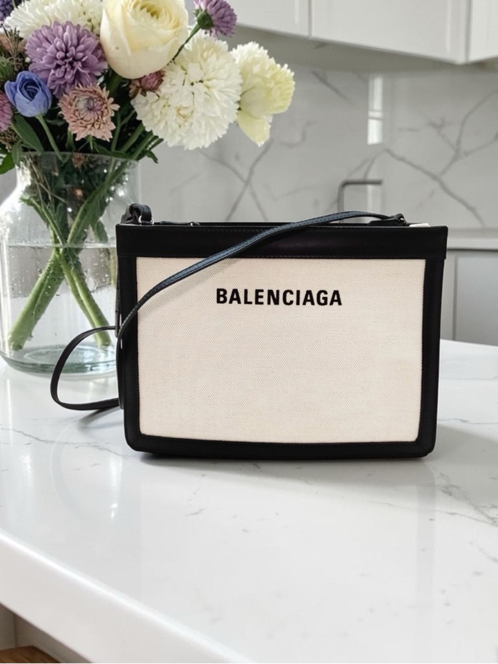 BALENCIAGA  Navy Cabas XS Canvas Leather Crossbody Bag Clutch White Black